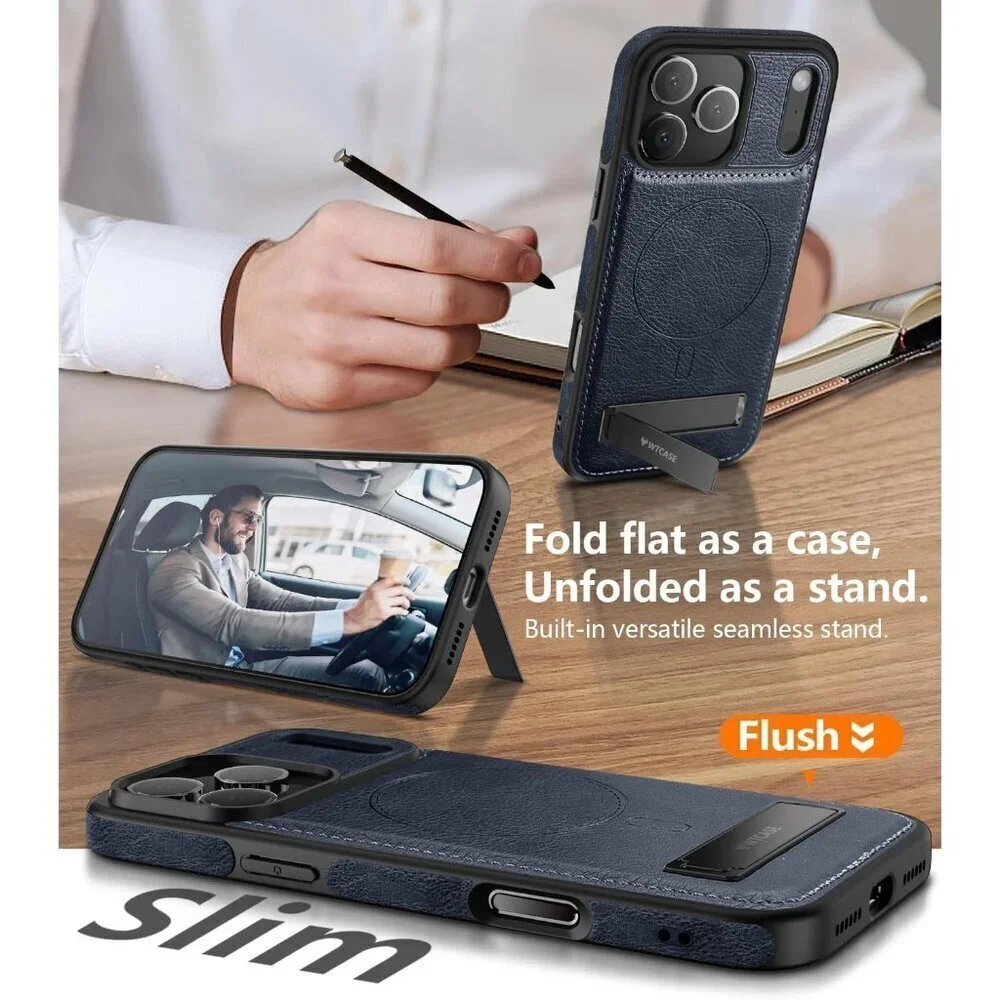 Blue Iphone 17 Pro Max Invisible Stand Protective Slim Kickstand Leather Case